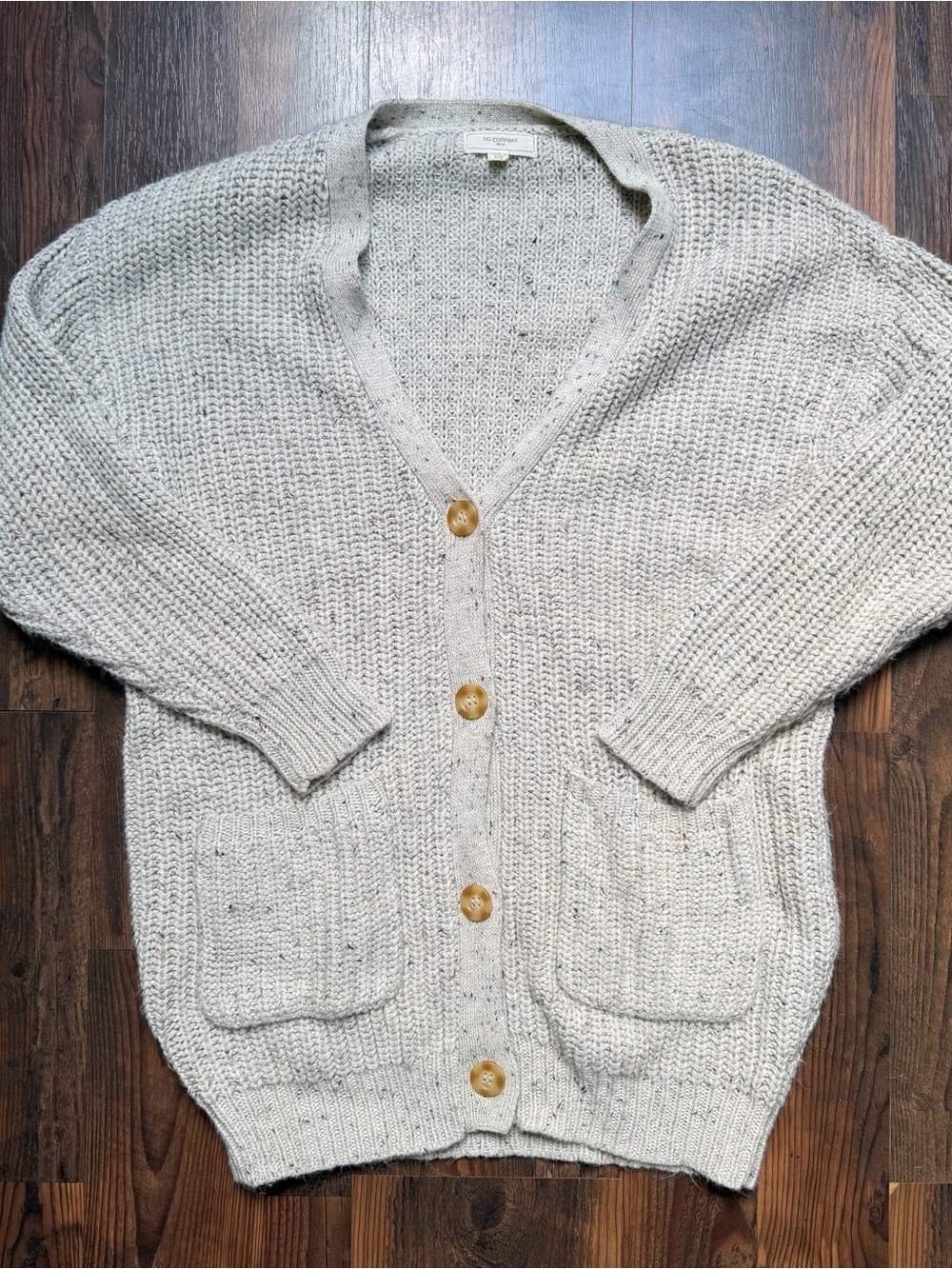 Chunky Knit Cardigan with Patch Pocket and Button Detail - Oatmeal Speckle